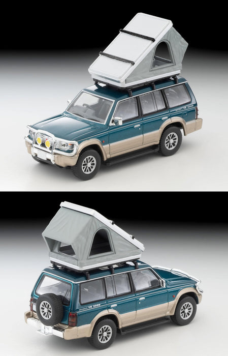 1/64 Scale Tomica Limited Vintage NEO TLV-N206c Mitsubishi Pajero Mid Roof Wide VR with Option Parts (Green / Beige) 1991 with Tent and Figure