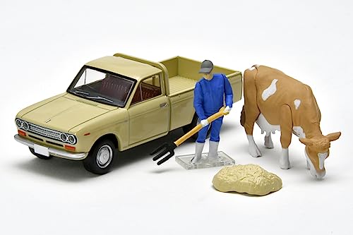 1/64 Scale Tomica Limited Vintage TLV-195d Datsun 1300 Truck (Light Brown) with Figure
