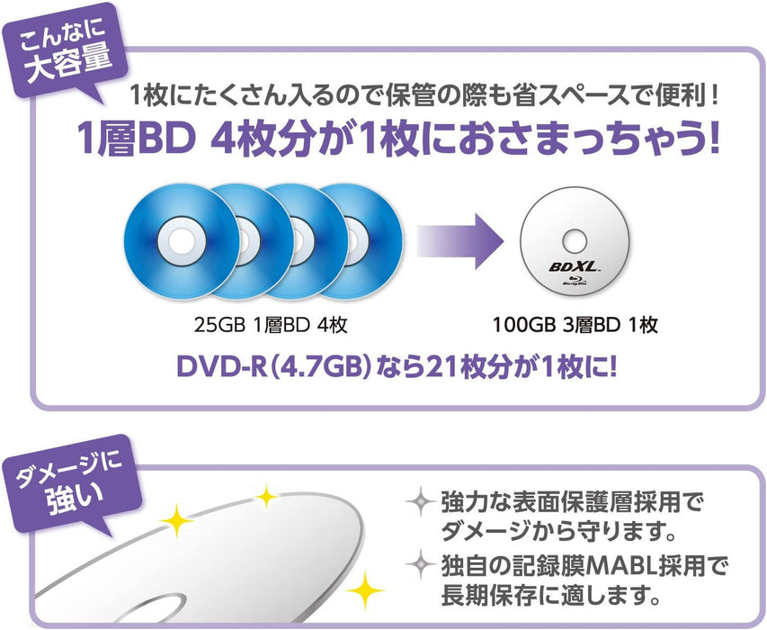 Disques Blu-ray BD-R XL Verbatim 1 Time Enregistrement de 100 Go (3 couches, 1 à 1 à 4 vitesses de temps, 5 disques)